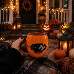 Halloween Orange Boo Skull Mug Black Handle Spiderweb 21 oz Spooky Fall